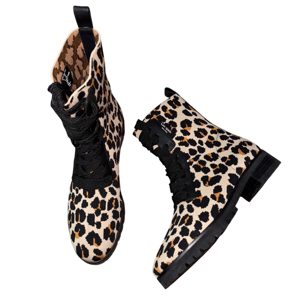 Kate Spade Merigue Boots 9.5 Knit Leather Leopard Lace Up boots NEW
